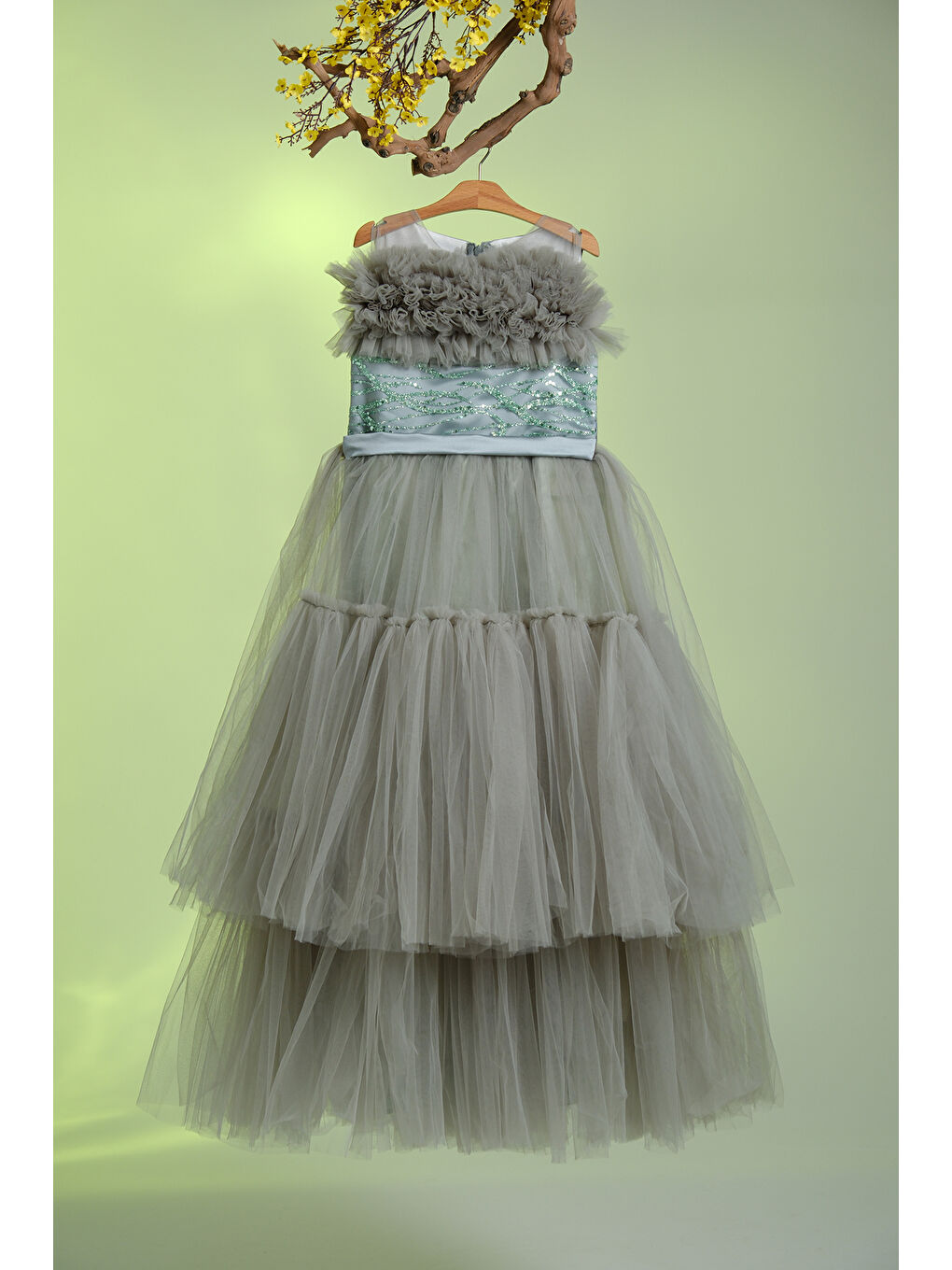 Mavi Beli Taş İşlemeli Göğsünde Tül Süslemeli Kız Çocuk Abiye ABY.2303-2