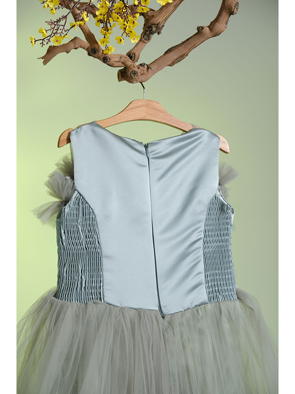 Mavi Beli Taş İşlemeli Göğsünde Tül Süslemeli Kız Çocuk Abiye ABY.2303-4