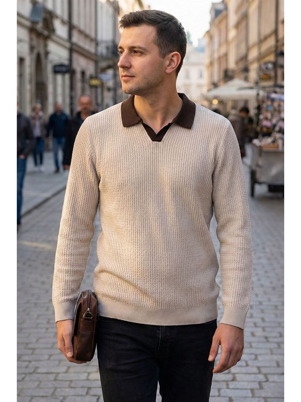 Bej Erkek Kendinden Desenli Polo Yaka Triko Kazak