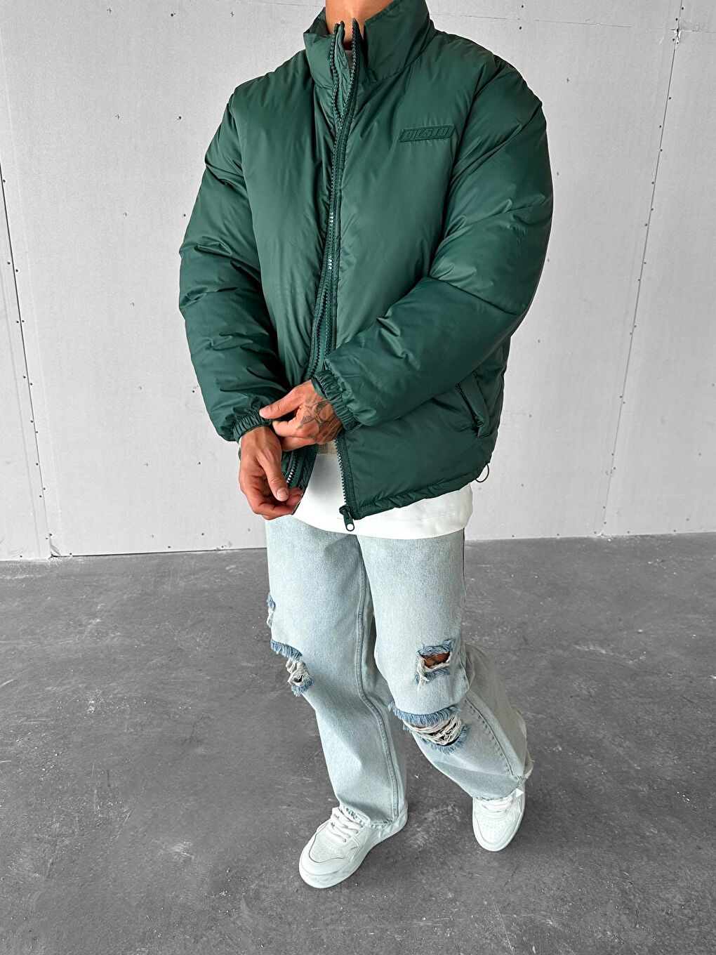 Erkek Oversize Dik Yakalı Fermuarlı Cepli Mont Yeşil-1