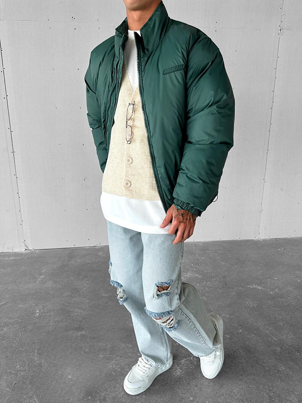 Erkek Oversize Dik Yakalı Fermuarlı Cepli Mont Yeşil-2