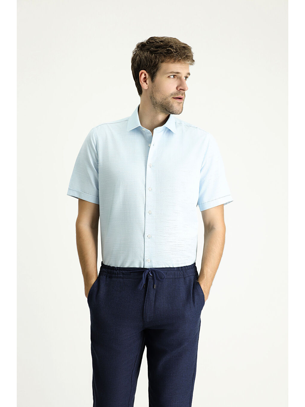 Mavi Kısa Kol Regular Fit Desenli Pamuklu Gömlek
