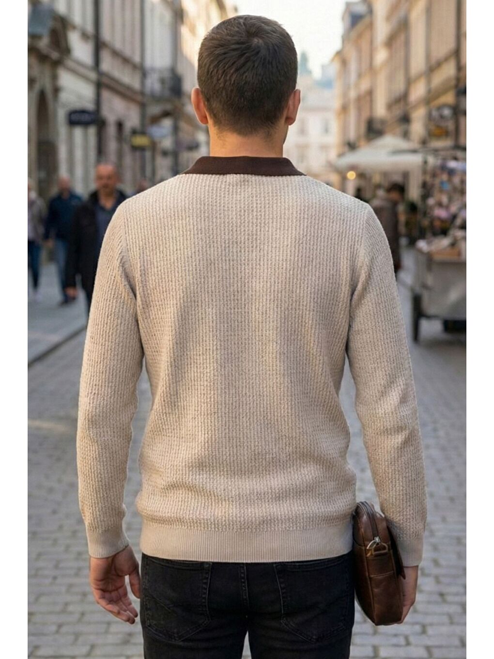 Bej Erkek Kendinden Desenli Polo Yaka Triko Kazak-1