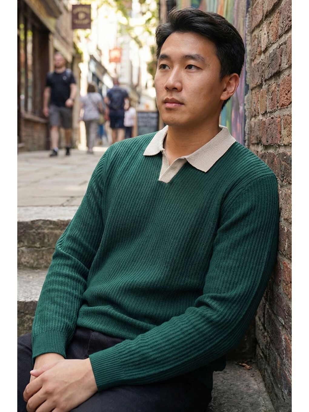 Yeşil Erkek Kendinden Desenli Polo Yaka Triko Kazak