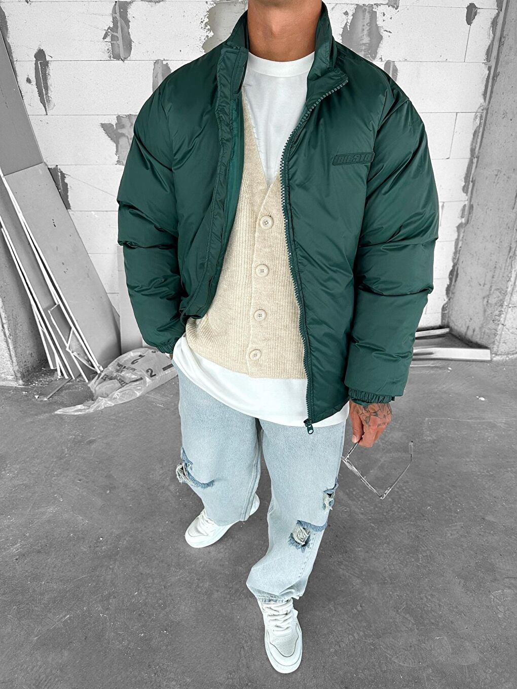 Erkek Oversize Dik Yakalı Fermuarlı Cepli Mont Yeşil-3