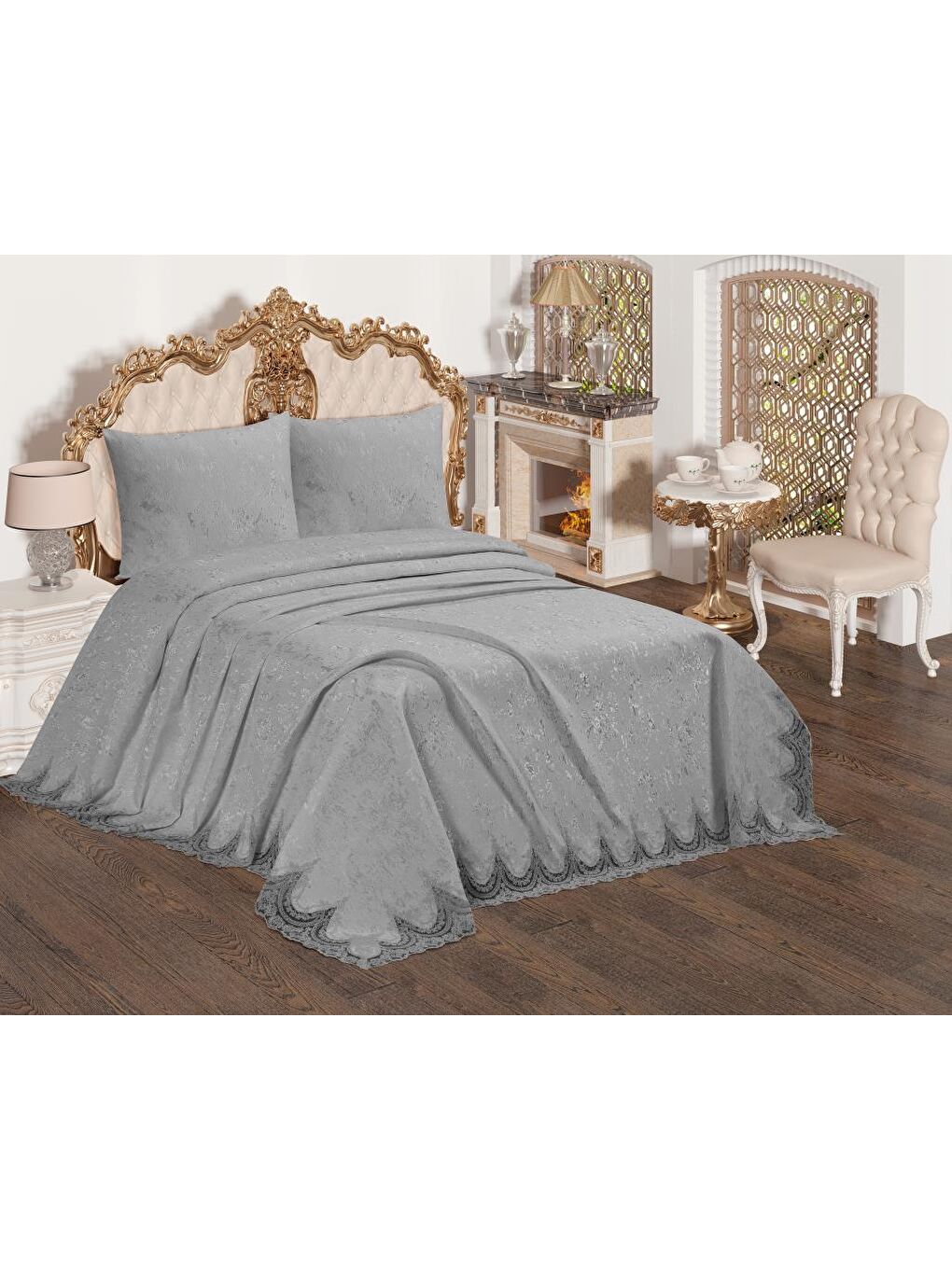 Fransız Güpürlü Çeyizlik Yatak Örtüsü Bulut Gri