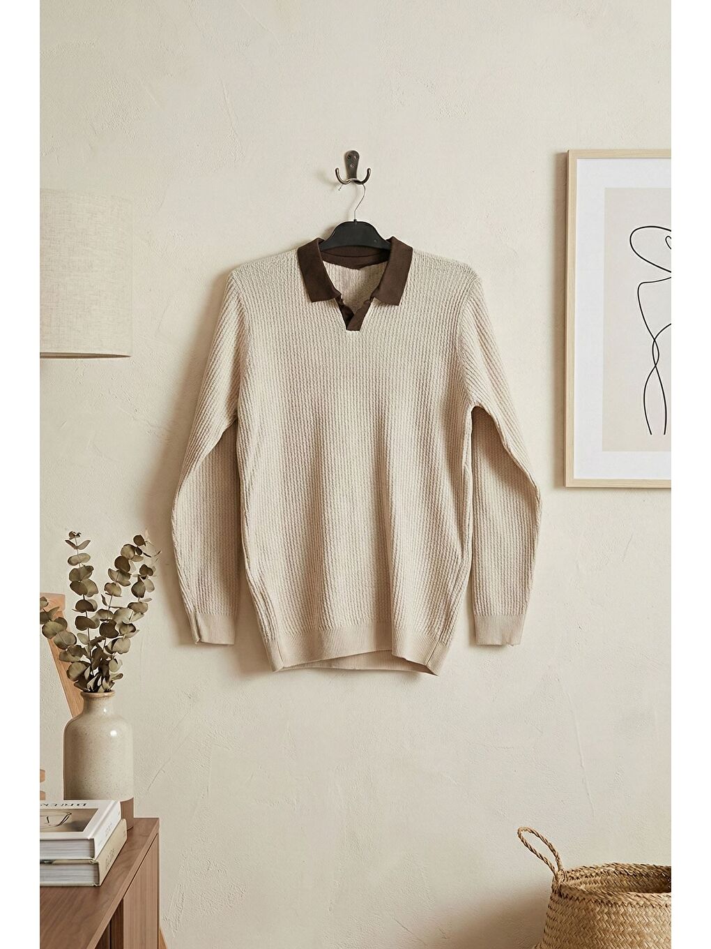 Bej Erkek Kendinden Desenli Polo Yaka Triko Kazak-2