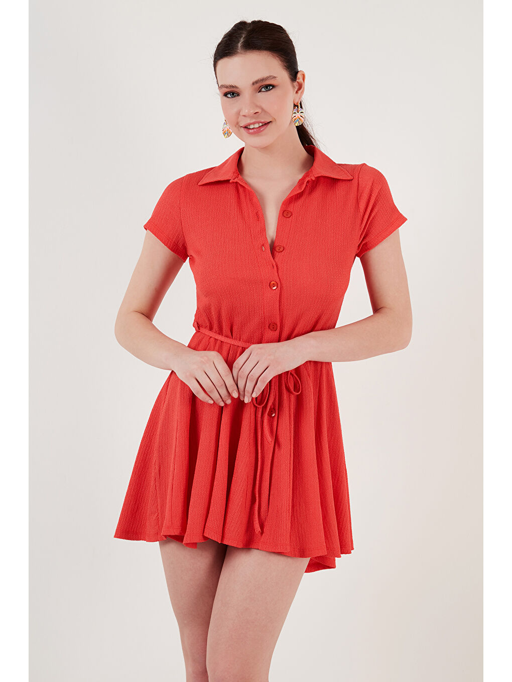 Kırmızı Bağlama Detaylı Mini Gömlek Kadın Elbise 5869006-3