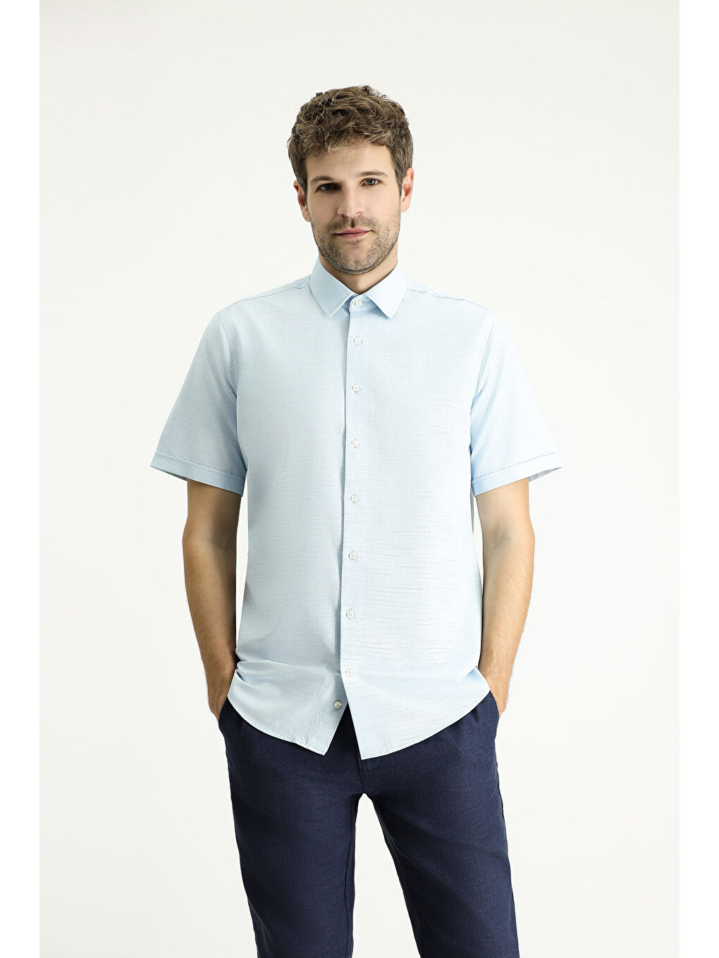 Mavi Kısa Kol Regular Fit Desenli Pamuklu Gömlek-2