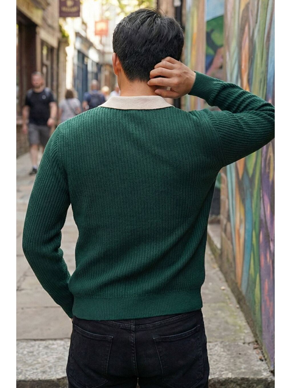 Yeşil Erkek Kendinden Desenli Polo Yaka Triko Kazak-1