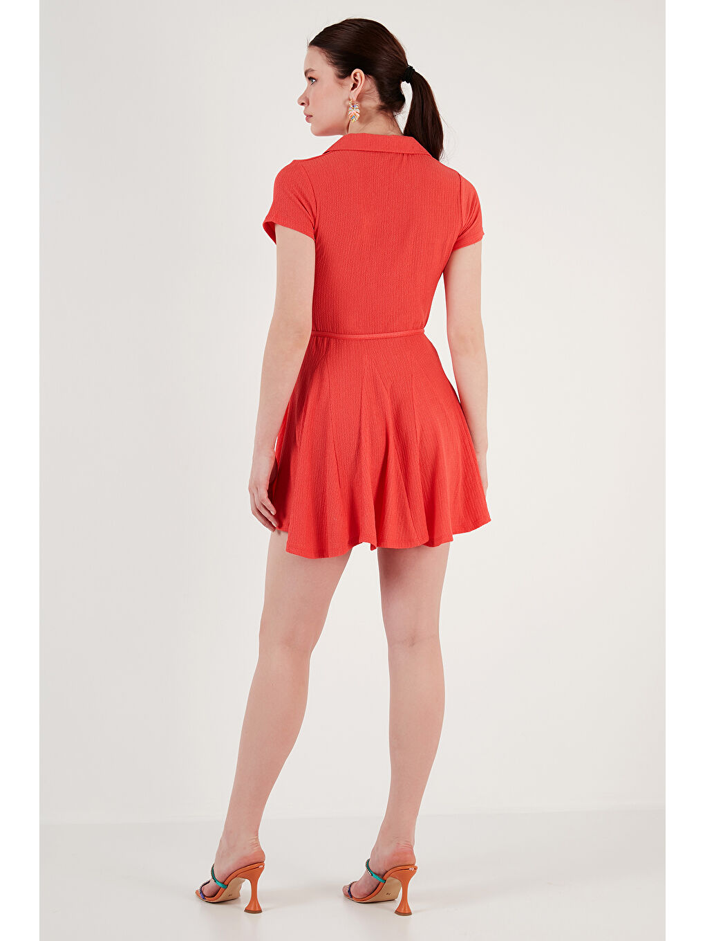 Kırmızı Bağlama Detaylı Mini Gömlek Kadın Elbise 5869006-4