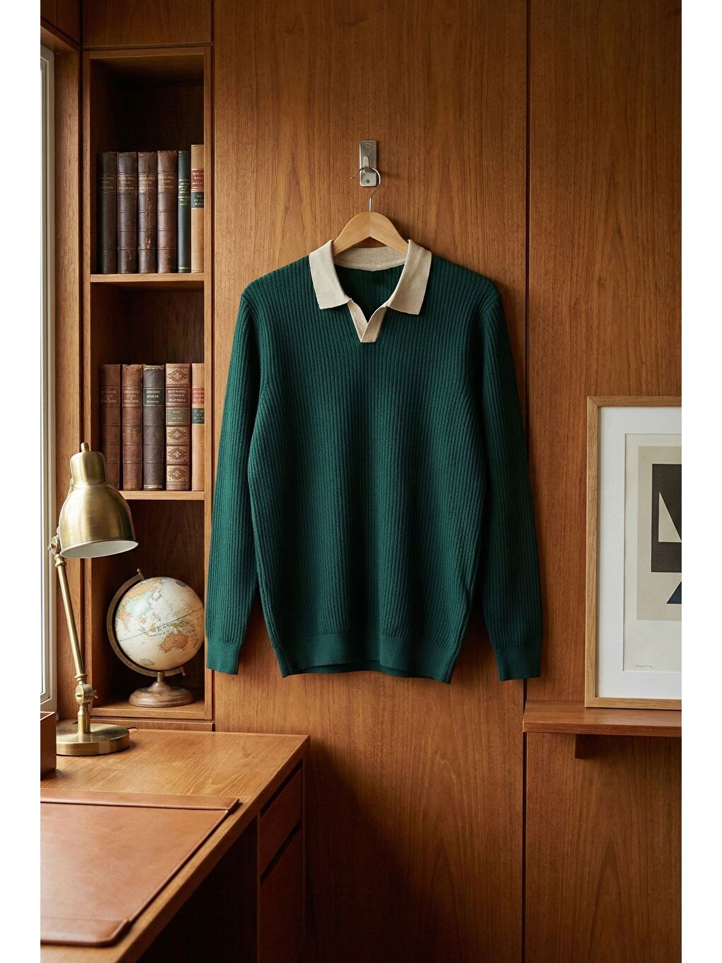 Yeşil Erkek Kendinden Desenli Polo Yaka Triko Kazak-2