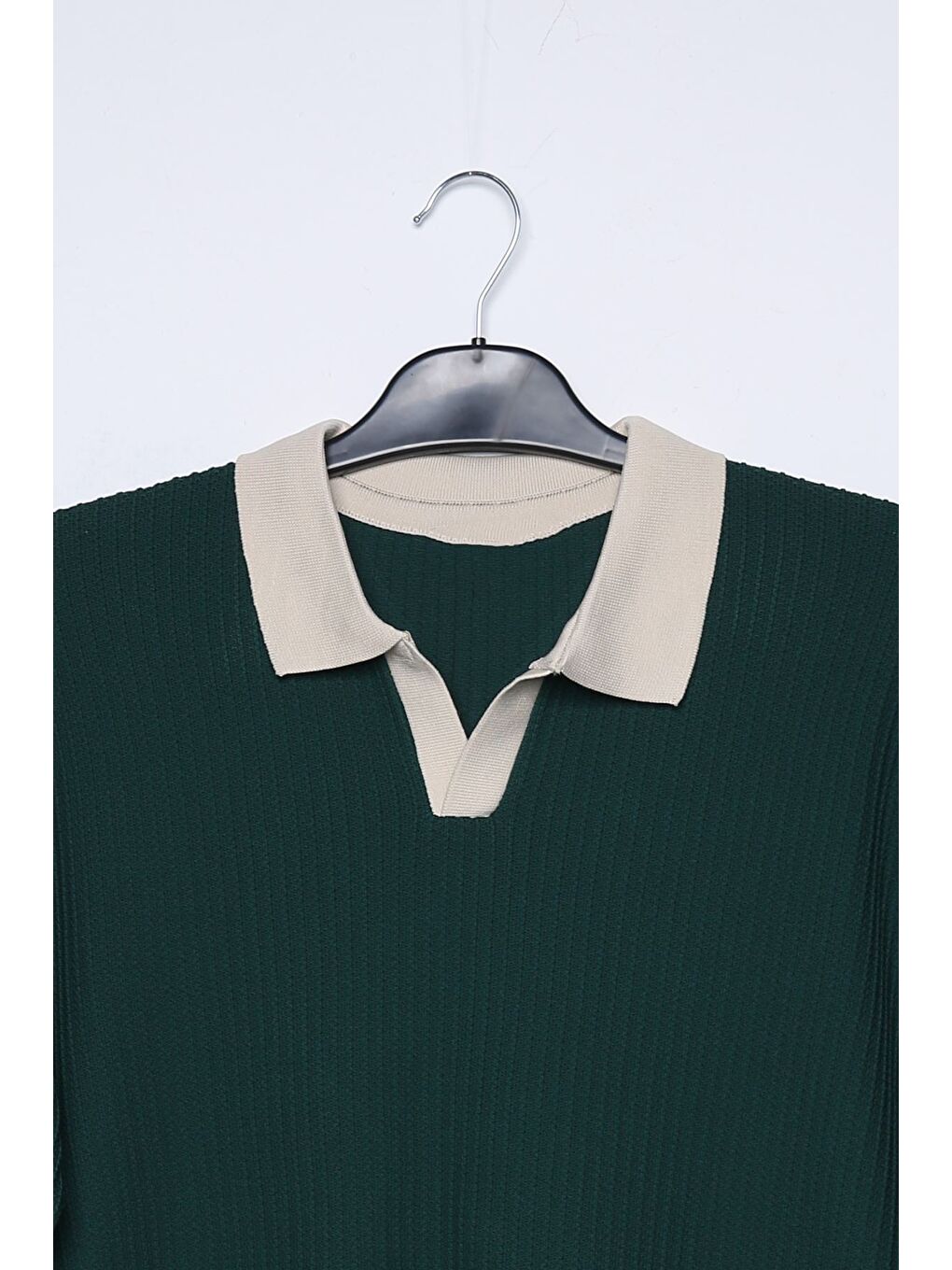 Yeşil Erkek Kendinden Desenli Polo Yaka Triko Kazak-3