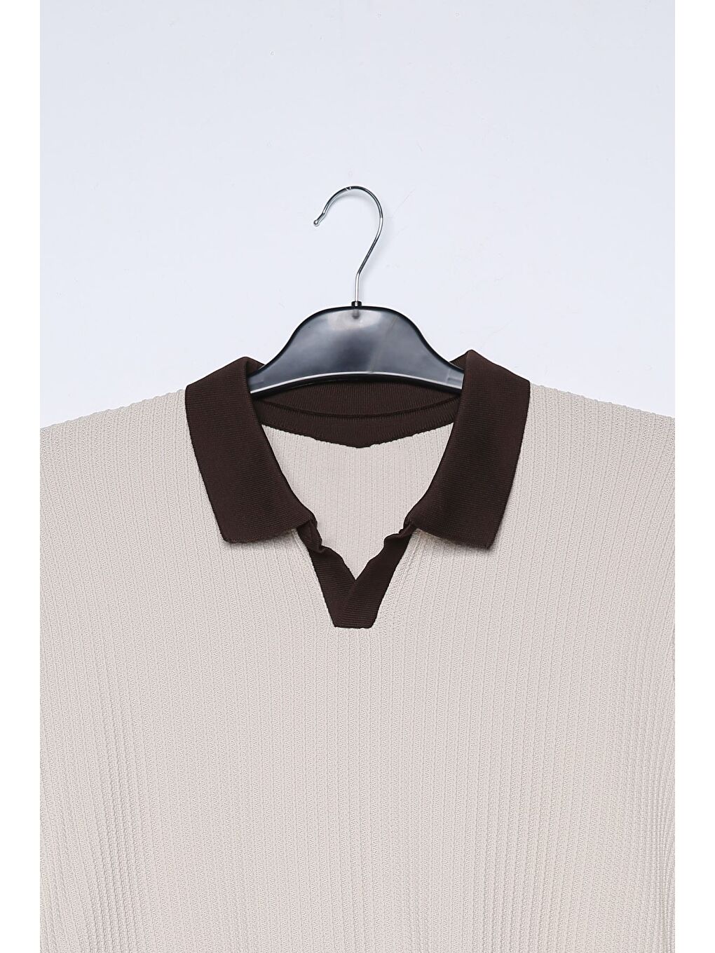 Bej Erkek Kendinden Desenli Polo Yaka Triko Kazak-3