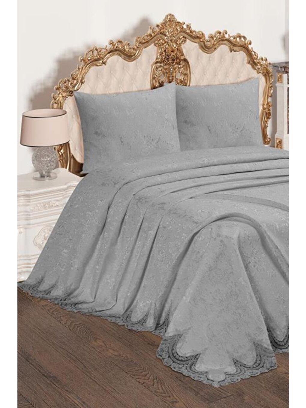 Fransız Güpürlü Çeyizlik Yatak Örtüsü Bulut Gri-1