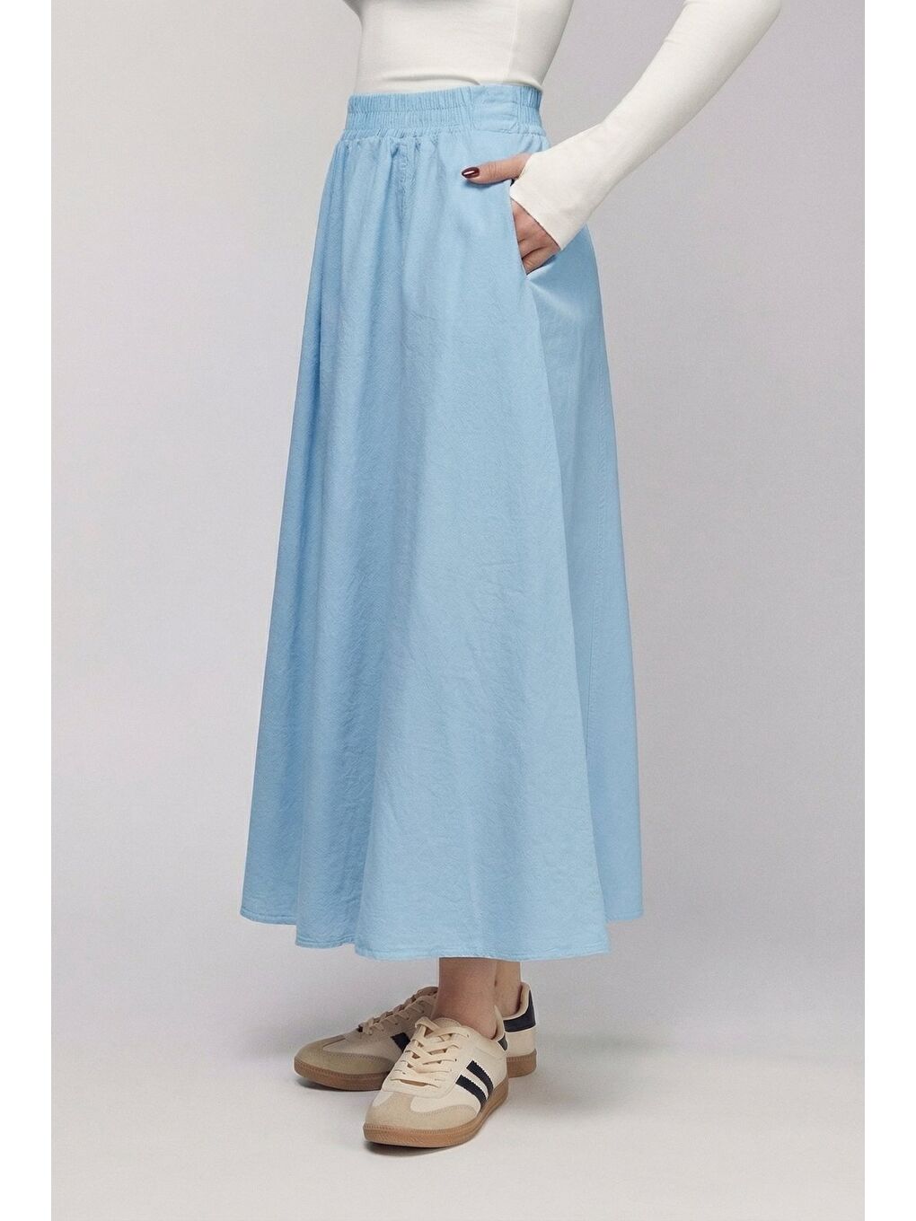 Mavi Kadın A Kesim Yüksek Bel Cepli Dökümlü Kloş Etek - Dokulu Keten-1