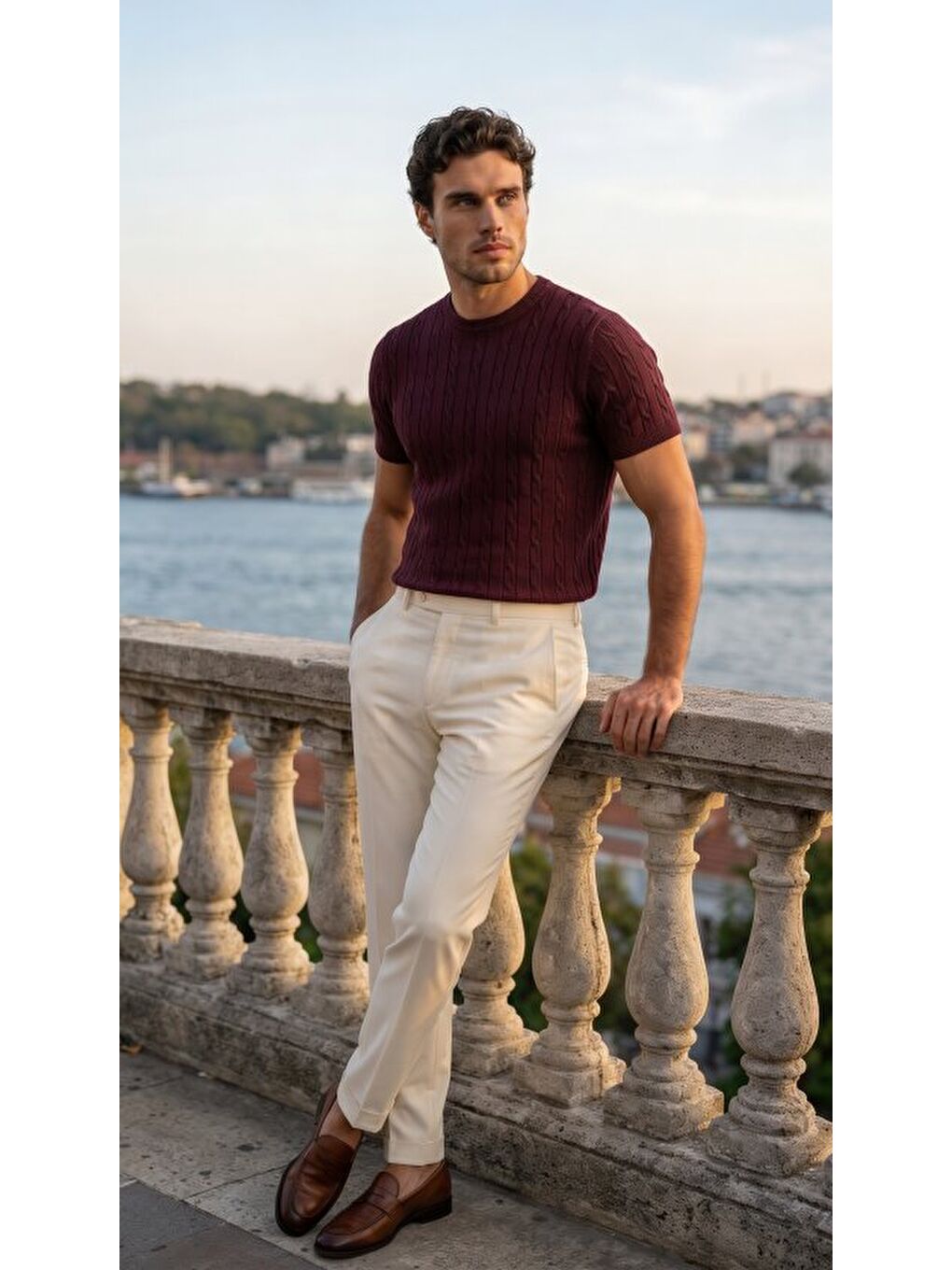 Bordo Erkek Bisiklet Yaka Triko Tişört-1