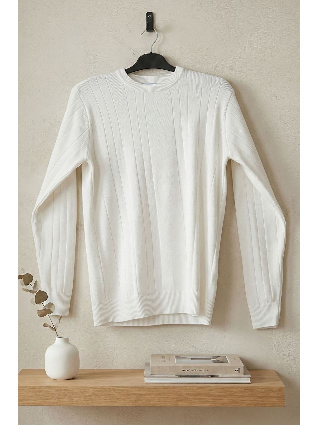 Beyaz Erkek Bisiklet Yaka Çizgi Desenli Triko Kazak-2