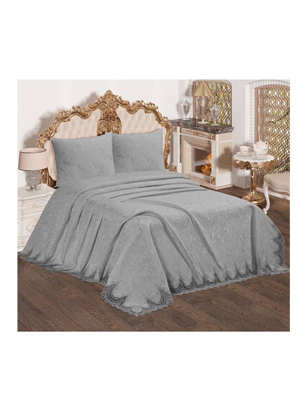 Fransız Güpürlü Çeyizlik Yatak Örtüsü Bulut Gri-2