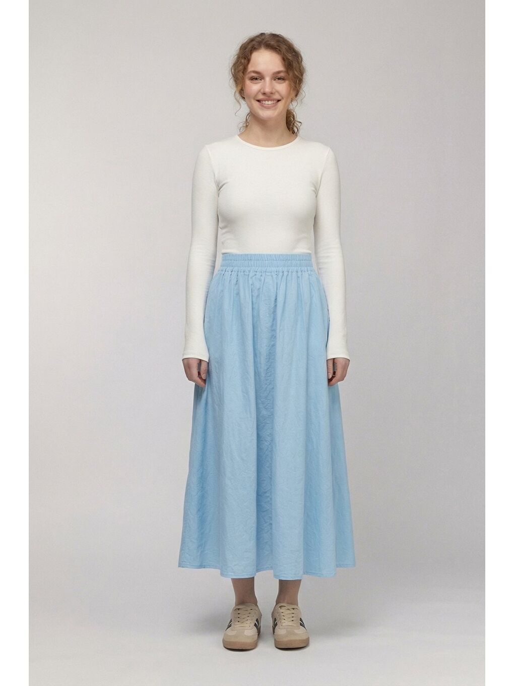 Mavi Kadın A Kesim Yüksek Bel Cepli Dökümlü Kloş Etek - Dokulu Keten-2