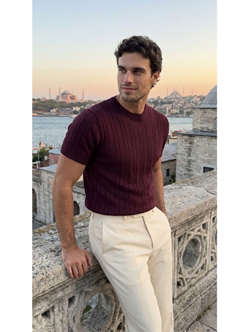 Bordo Erkek Bisiklet Yaka Triko Tişört-3