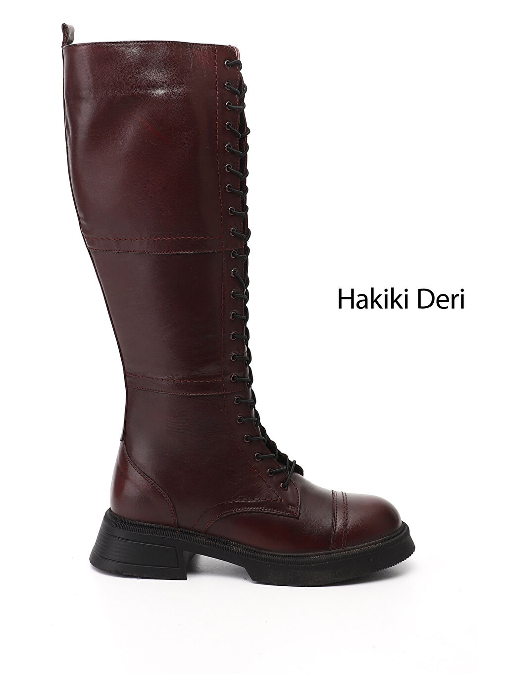 Bordo Kadın KOYU BORDO Fermuarlı Kalın Topuklu Hakiki Deri Postal Çizme