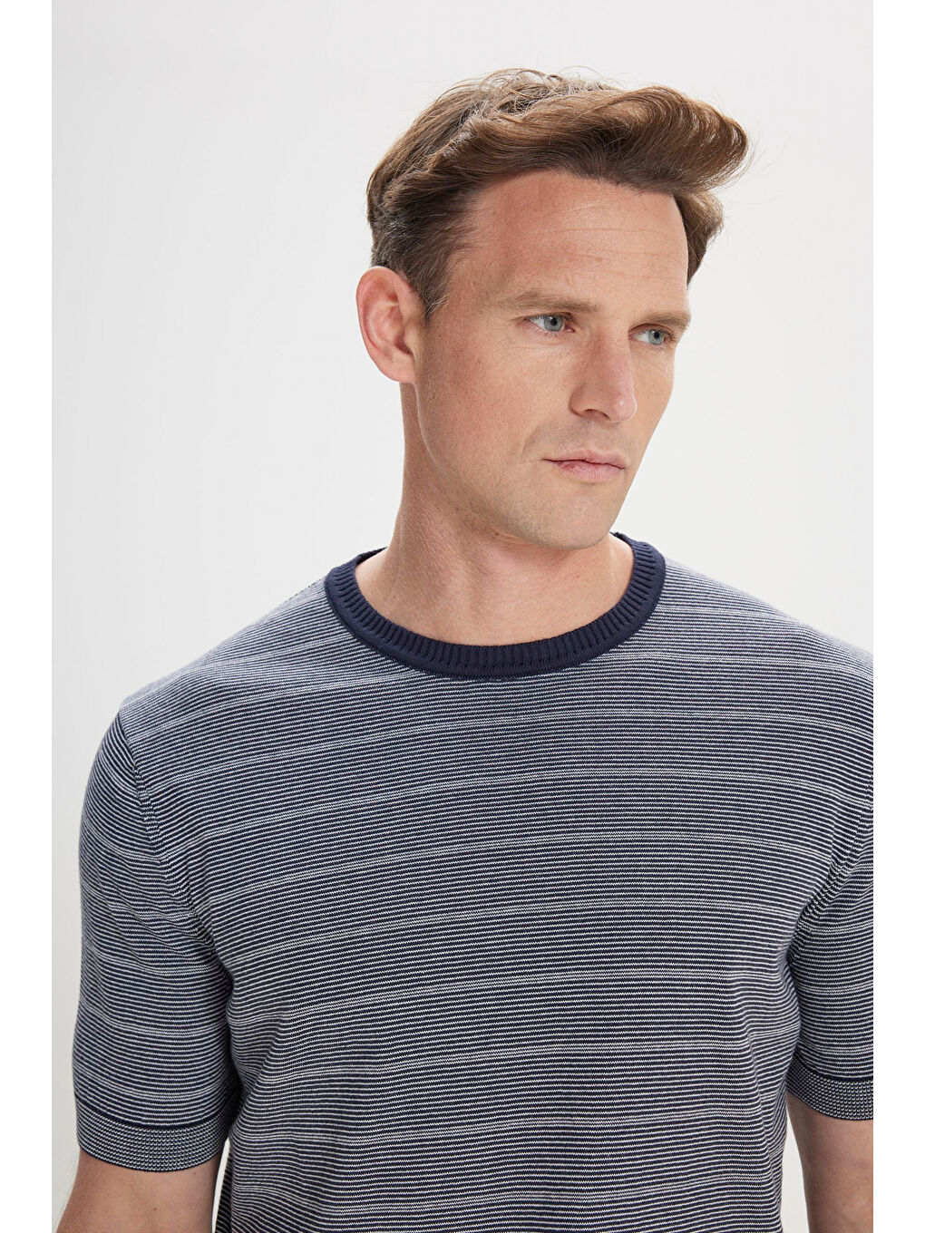 Erkek Lacivert-Beyaz Standart Fit Normal Kesim %100 Pamuk Çizgili Bisiklet Yaka Triko Tişört-3