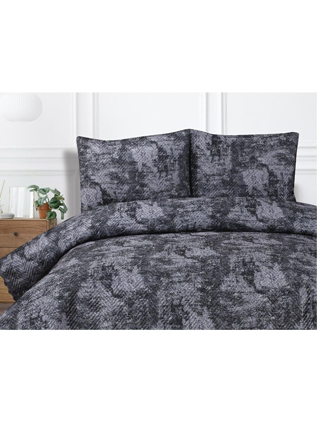 Elissa Çift Kişilik Kadife Yatak Örtüsü Antrasit