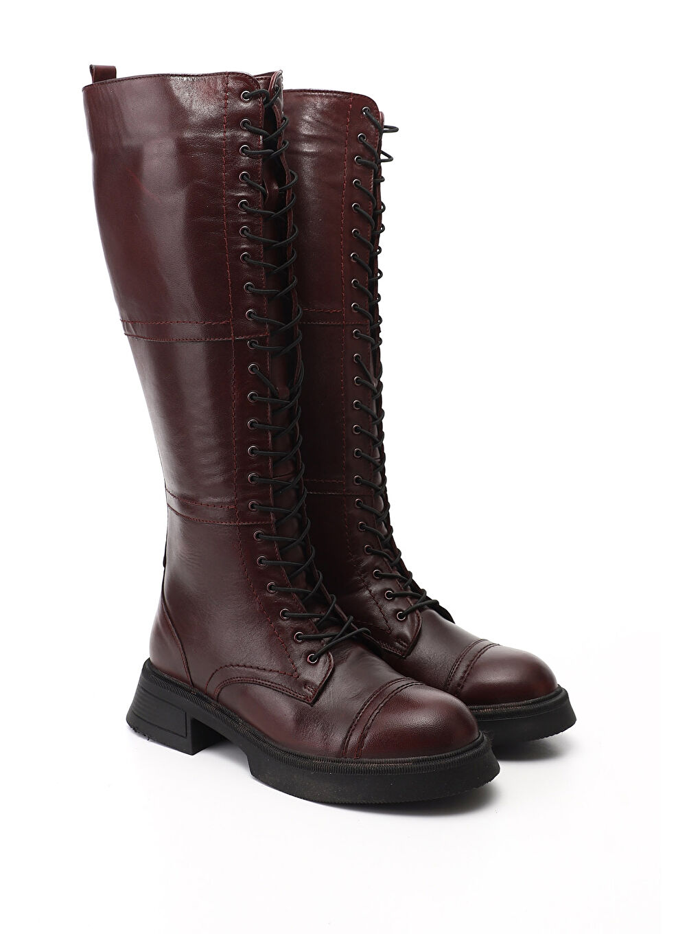 Bordo Kadın KOYU BORDO Fermuarlı Kalın Topuklu Hakiki Deri Postal Çizme-1