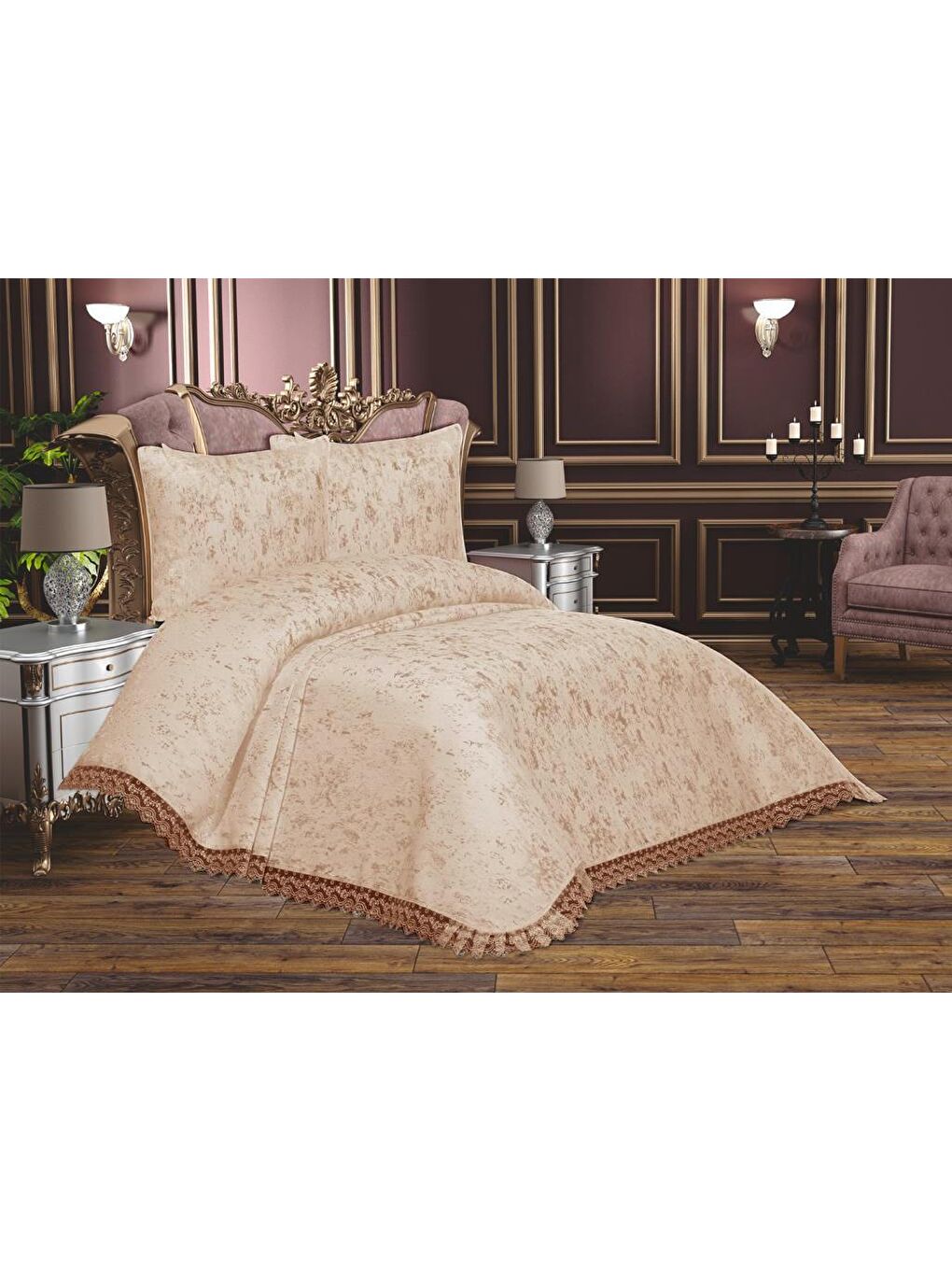 Fransız Güpürlü Çeyizlik Cloud Yatak Örtüsü Bej