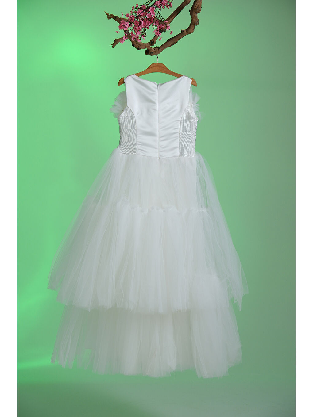 Pina Kids Beyaz Beli Taş İşlemeli Göğsünde Tül Süslemeli Kız Çocuk Abiye ABY.2303 - 3