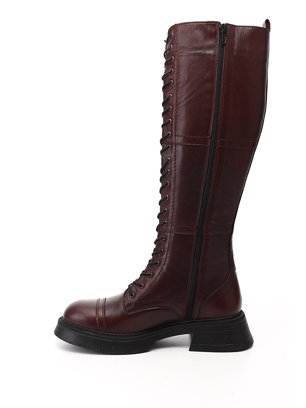Bordo Kadın KOYU BORDO Fermuarlı Kalın Topuklu Hakiki Deri Postal Çizme-2