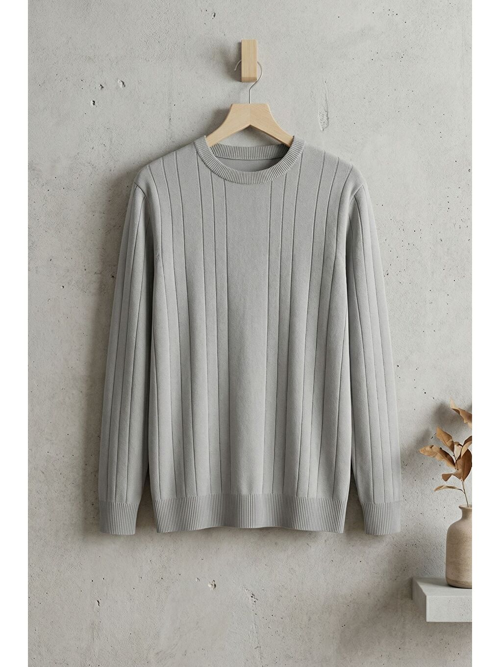 Gri Erkek Bisiklet Yaka Çizgi Desenli Triko Kazak-2