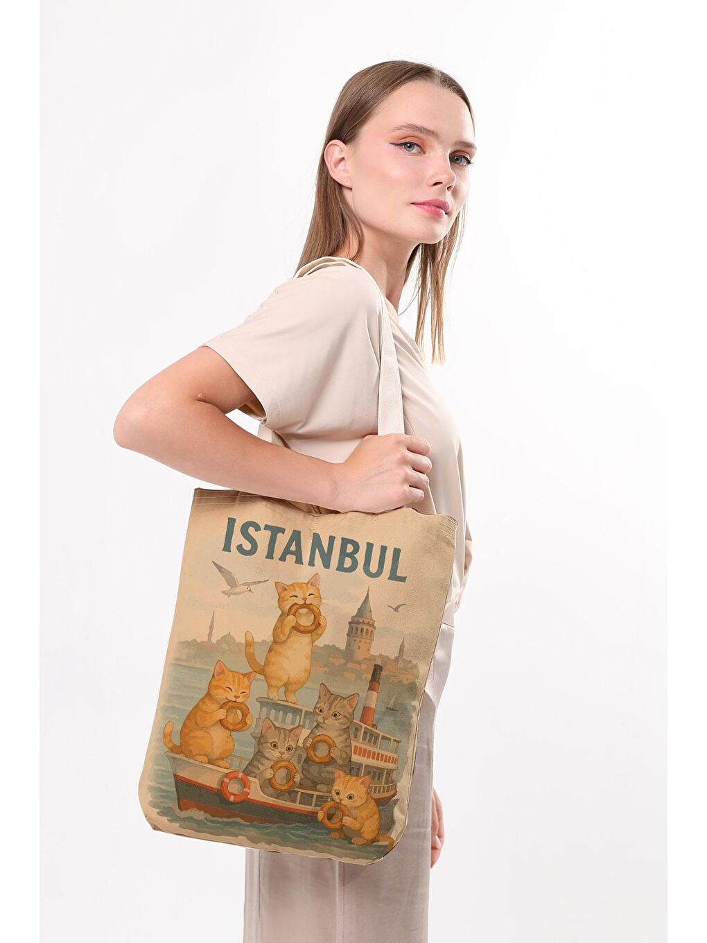 Ekru Kanvas Simit Yiyen Kediler Baskılı Bez Çanta-2