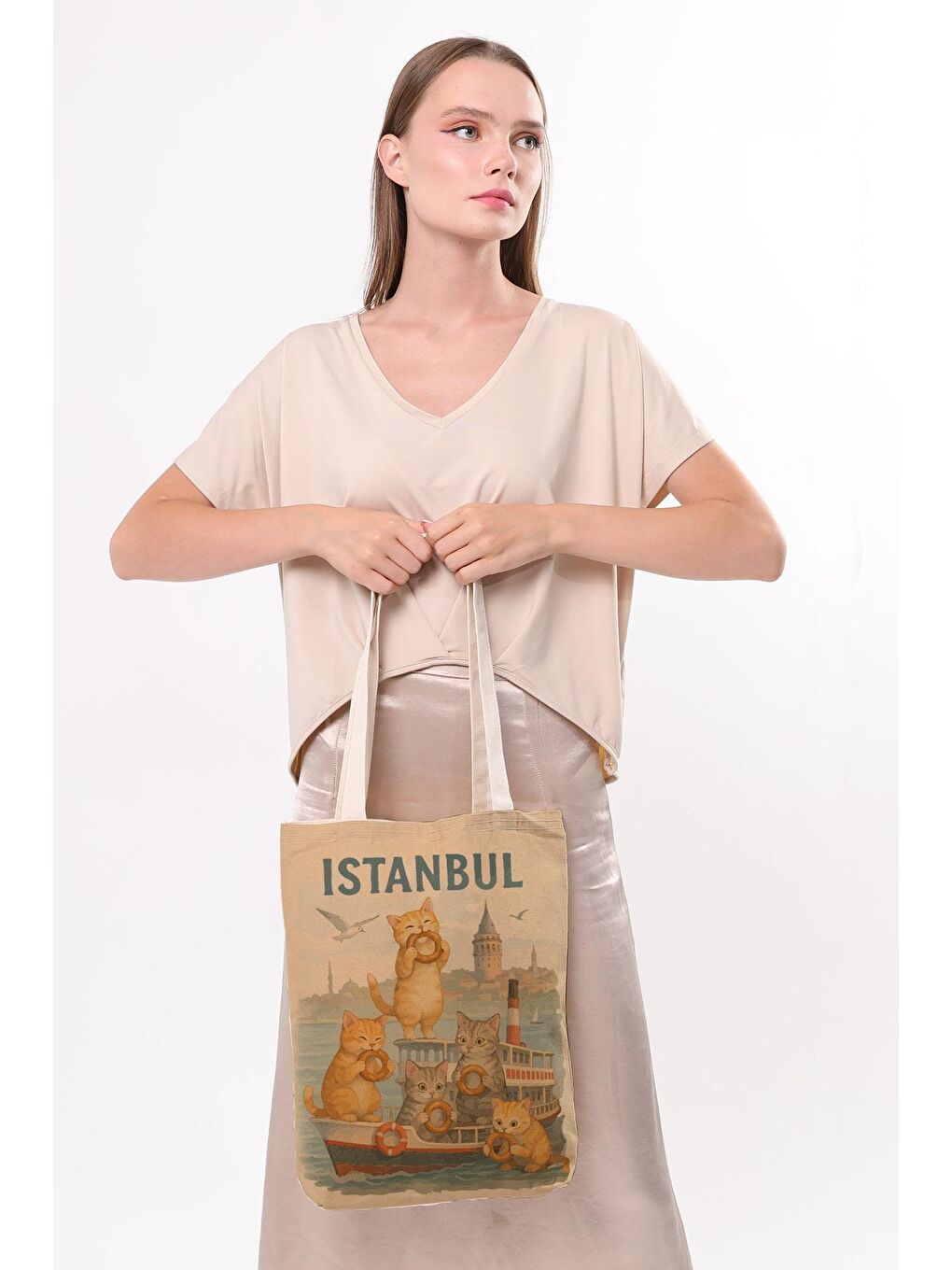 Ekru Kanvas Simit Yiyen Kediler Baskılı Bez Çanta-4