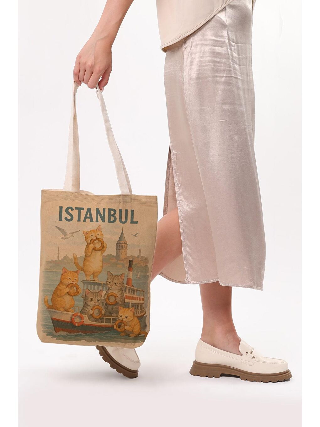 Ekru Kanvas Simit Yiyen Kediler Baskılı Bez Çanta-6