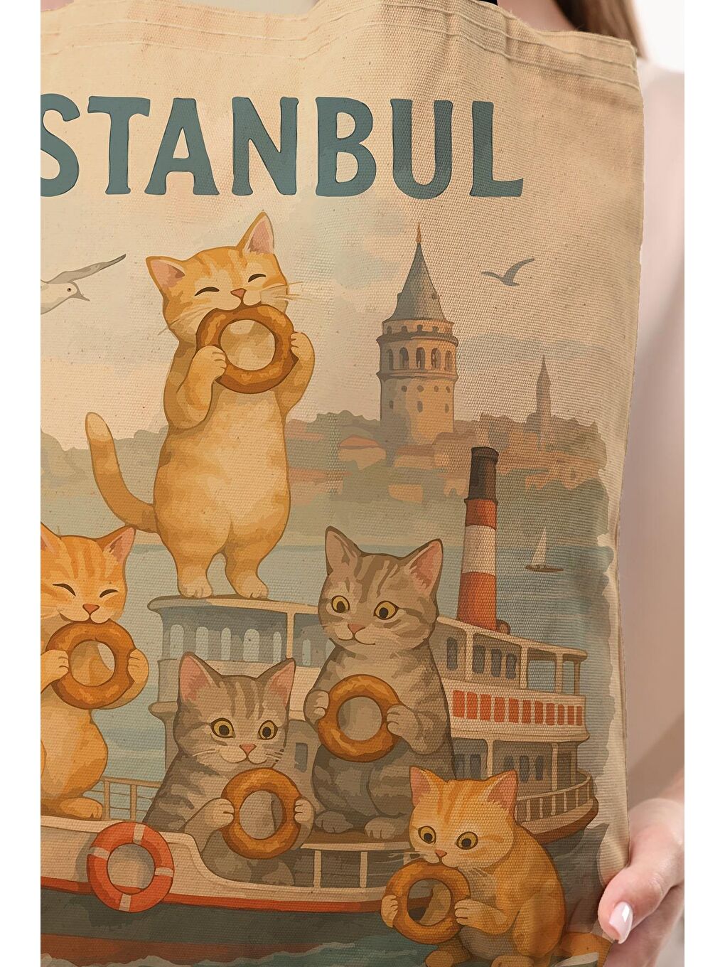 Ekru Kanvas Simit Yiyen Kediler Baskılı Bez Çanta-7