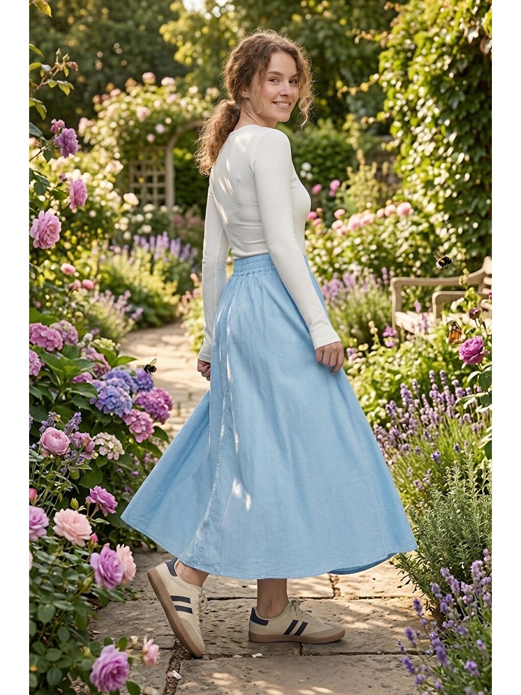 Mavi Kadın A Kesim Yüksek Bel Cepli Dökümlü Kloş Etek - Dokulu Keten-3