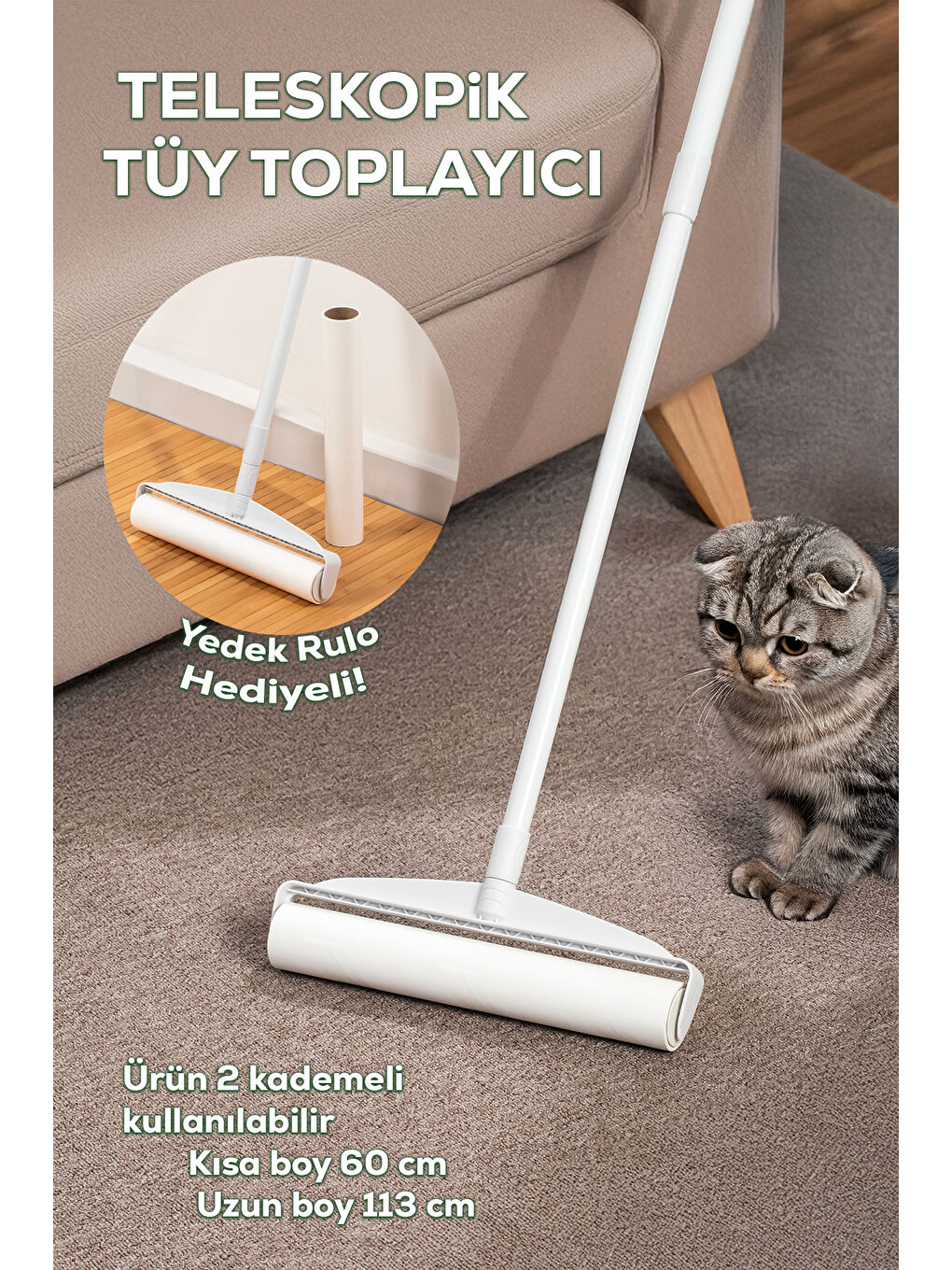 3109 Teleskopik Uzun Saplı Yedek Başlıklı Tüy Alma Rulosu Tüy Toz alıcı Rulo 60 Yaprak