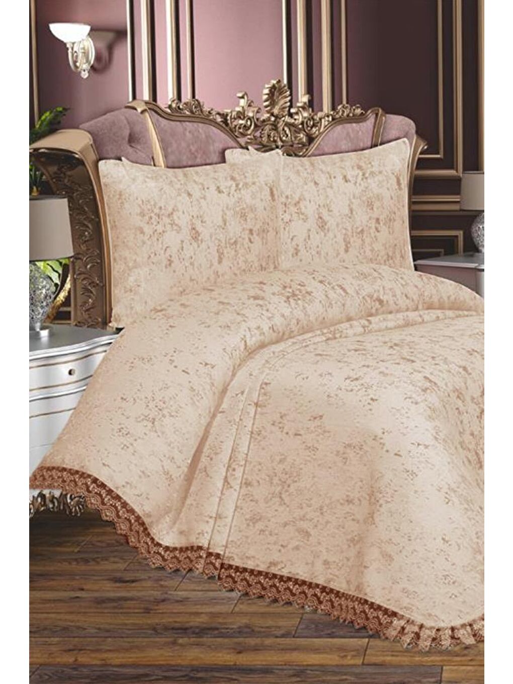 Fransız Güpürlü Çeyizlik Cloud Yatak Örtüsü Bej-1