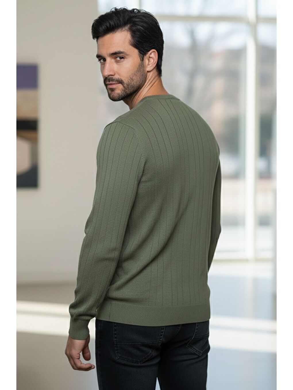 Haki Erkek Bisiklet Yaka Çizgi Desenli Triko Kazak-1