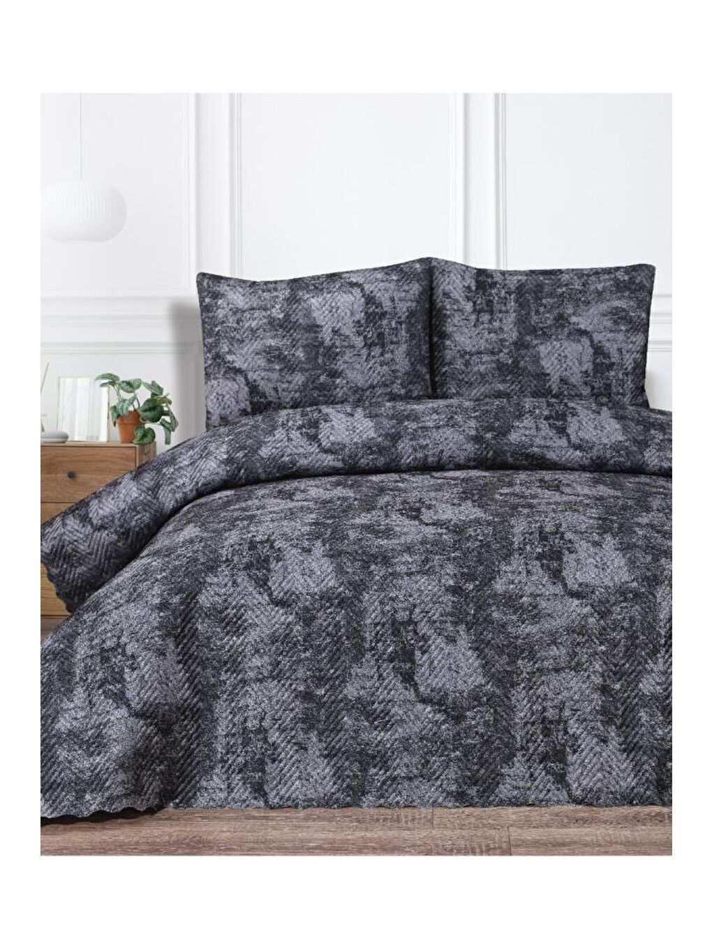 Elissa Çift Kişilik Kadife Yatak Örtüsü Antrasit-1