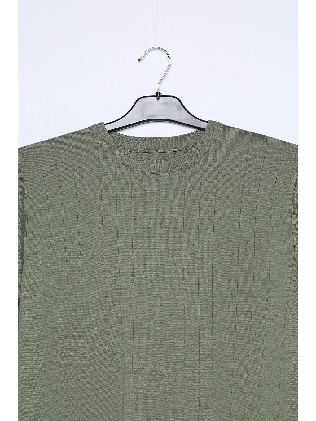 Haki Erkek Bisiklet Yaka Çizgi Desenli Triko Kazak-3