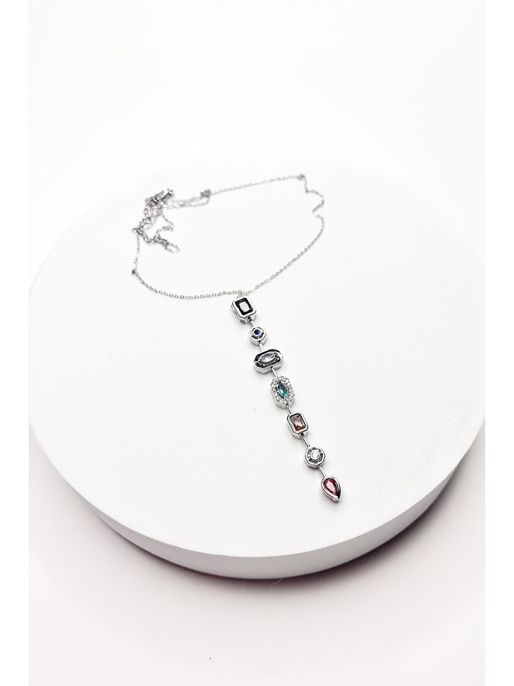 Gri Kristal 7 Taşlı Şans Çakrası Çelik Kolye-6