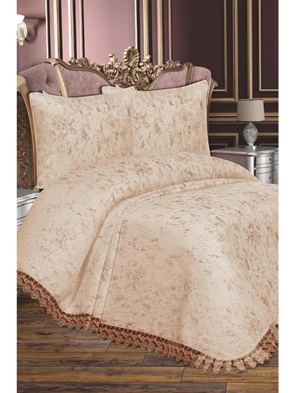 Fransız Güpürlü Çeyizlik Cloud Yatak Örtüsü Bej-2