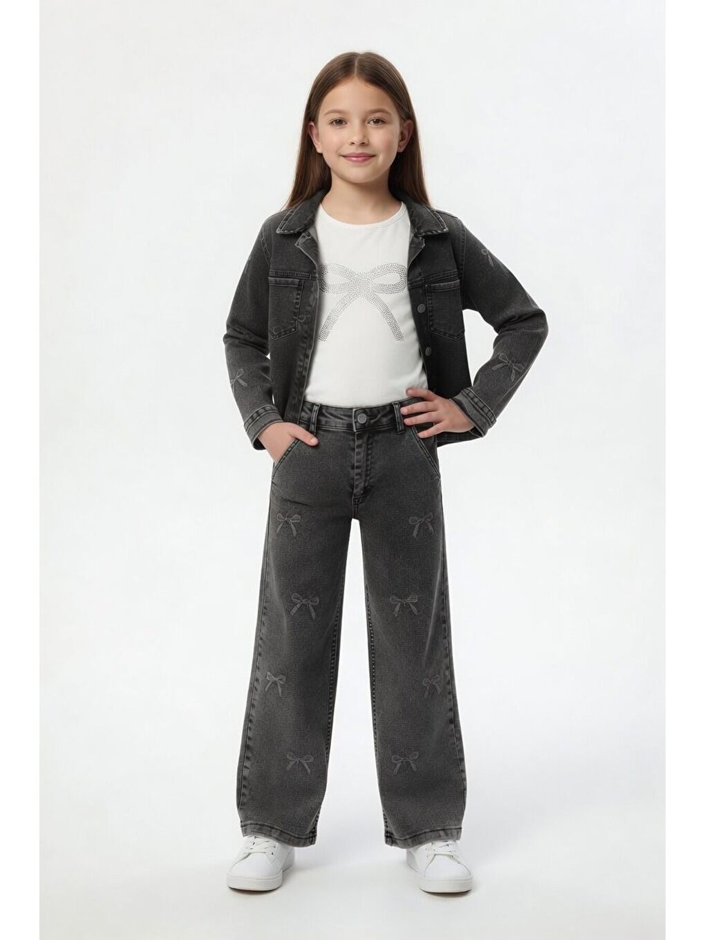 Siyah Fiyonk Desenli Jean Ceketli Pantolonlu Kız Çocuk Badili 3lü Takım 24130