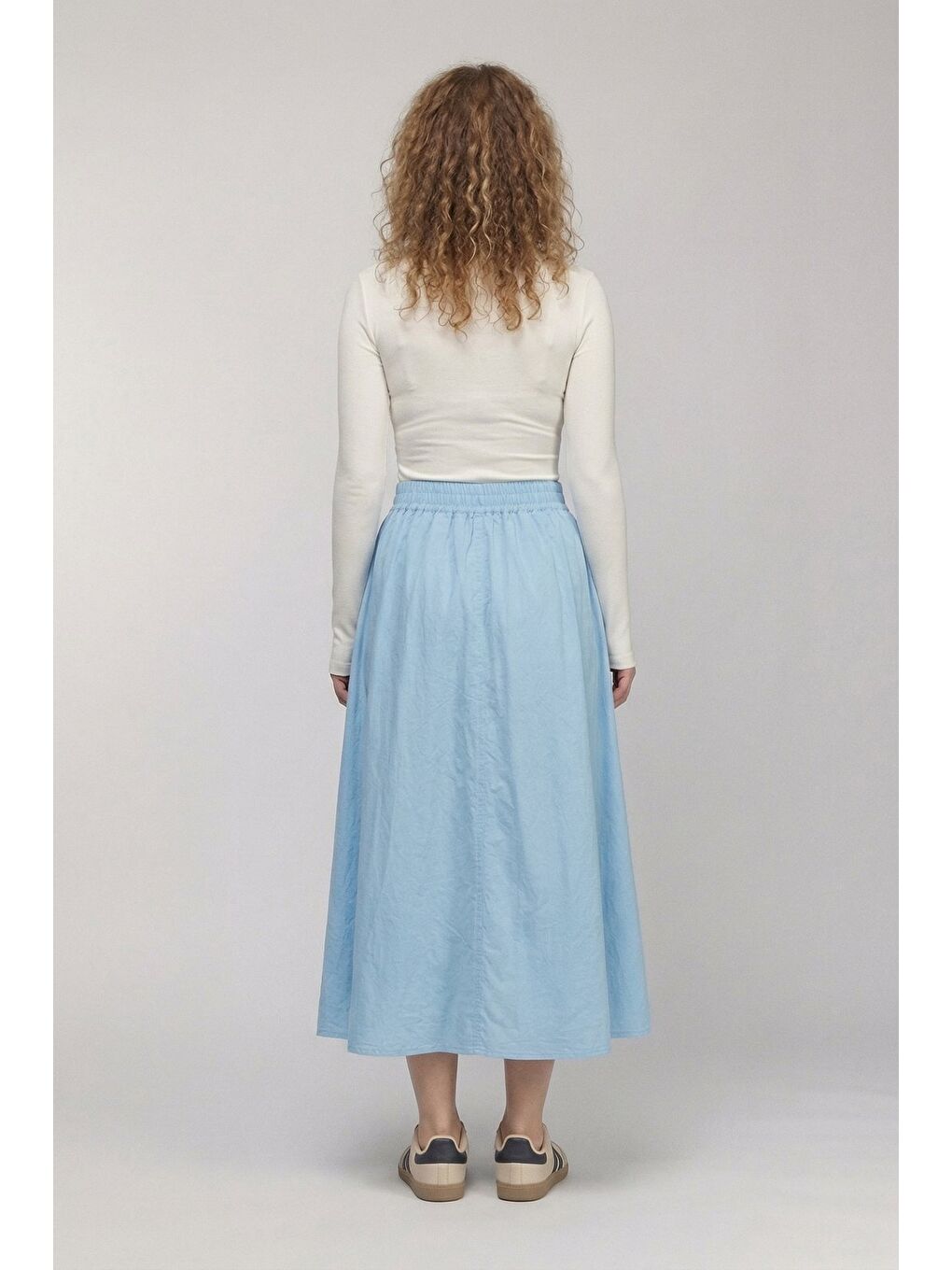 Mavi Kadın A Kesim Yüksek Bel Cepli Dökümlü Kloş Etek - Dokulu Keten-4