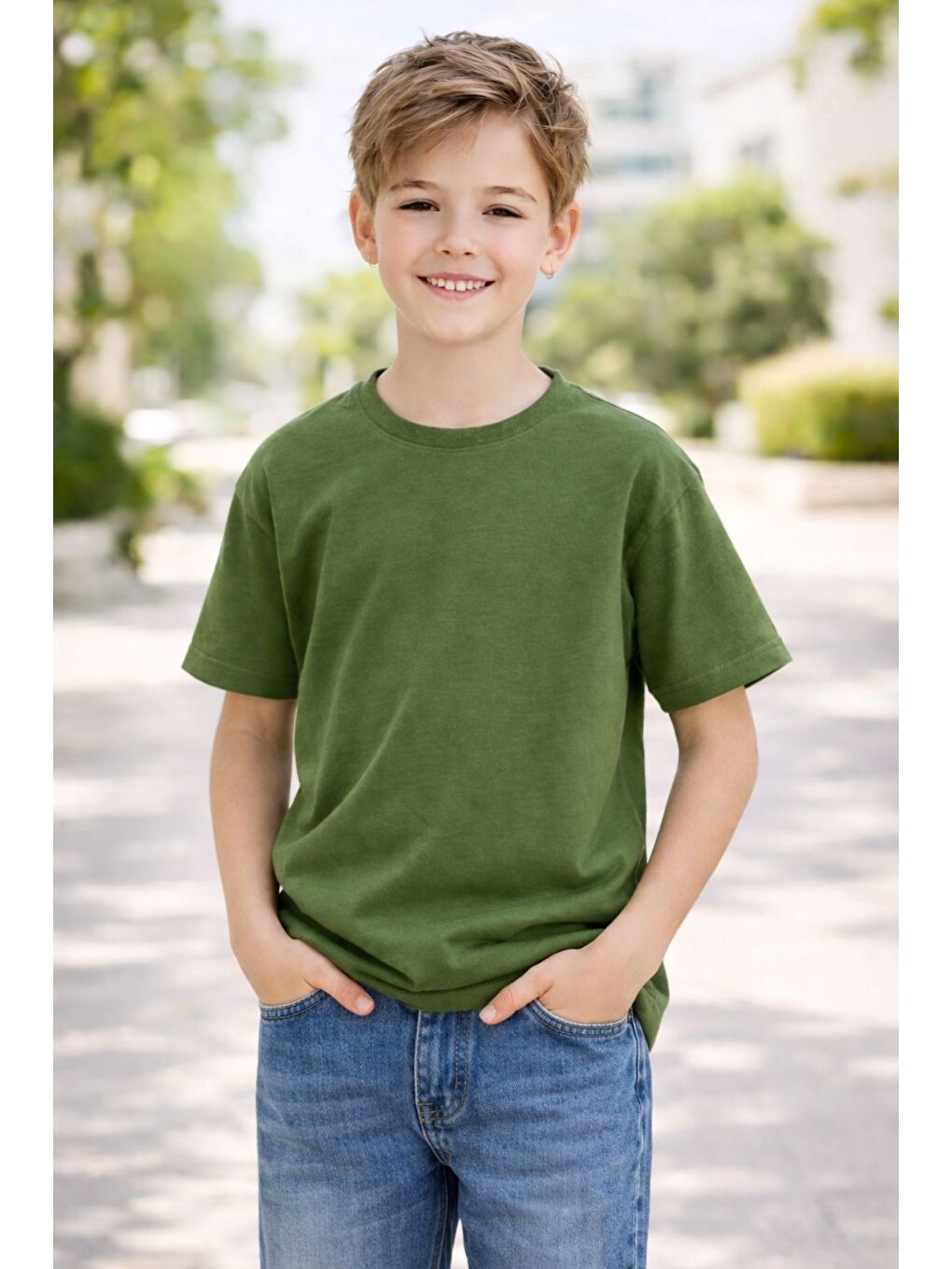 Haki Unisex Basic Kısa Kollu Çocuk T-Shirt