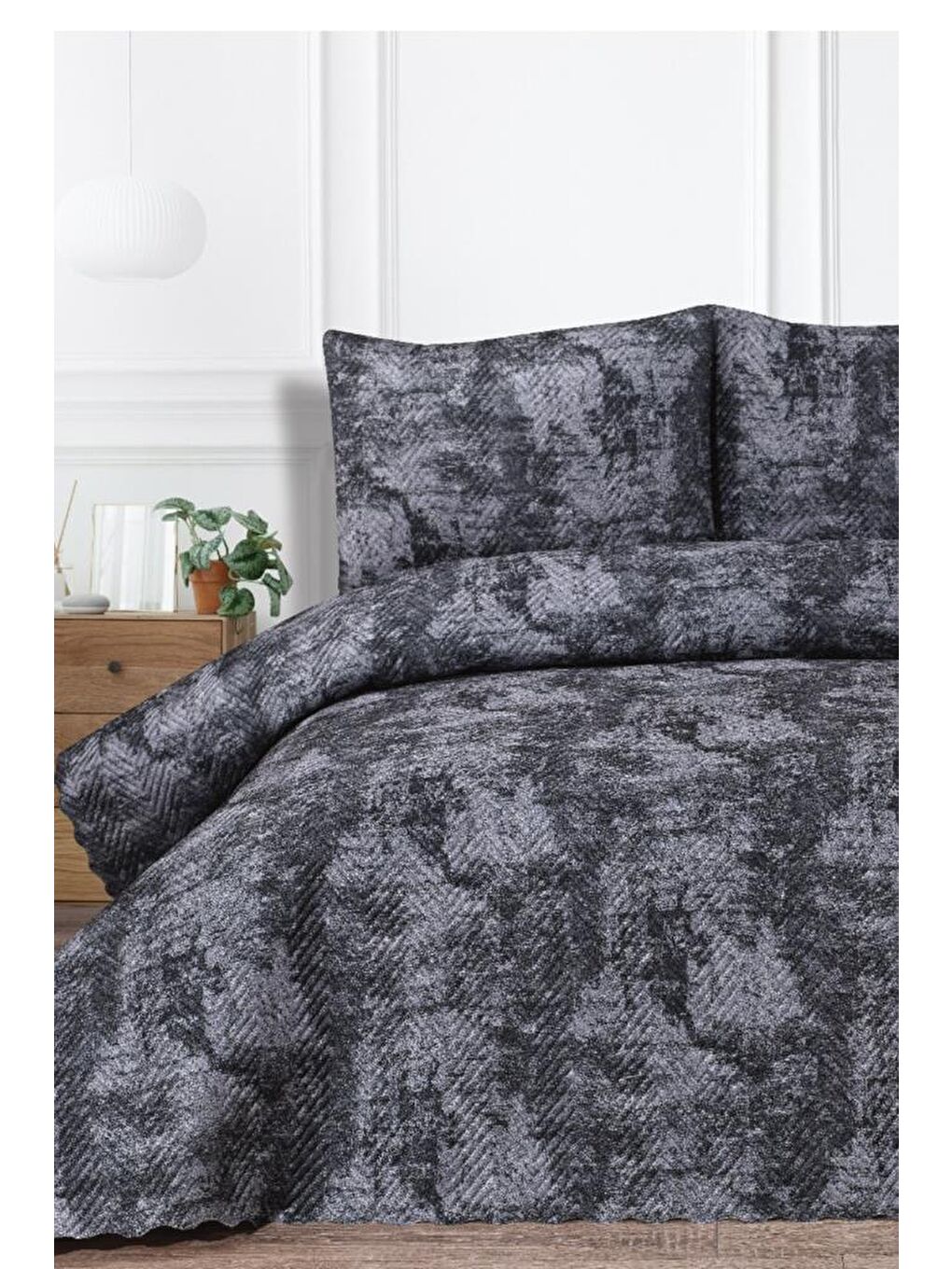 Elissa Çift Kişilik Kadife Yatak Örtüsü Antrasit-2