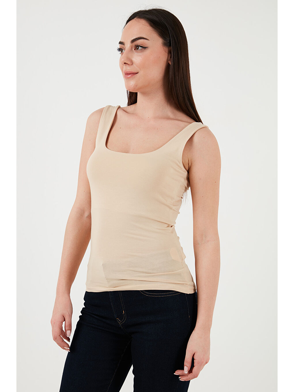 Bej Streç Pamuklu Slim Fit Kare Yaka Kalın Askılı Atlet 25Y0266K1-1